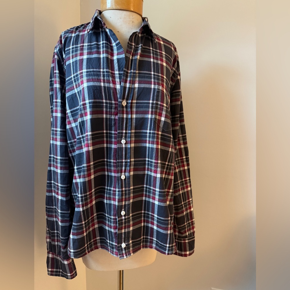 Frank & Eileen Navy Plaid Button-Down Shirt with Red and White Stripes